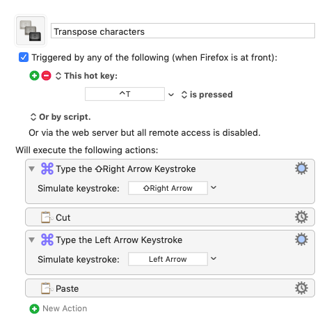 A screenshot of a Keyboard Maestro macro to transpose characters in Firefox on macOS.