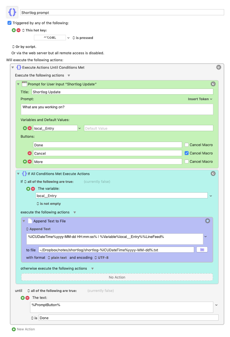 A screenshot showing the Keyboard Maestro macro I use to enter shortlog entries.