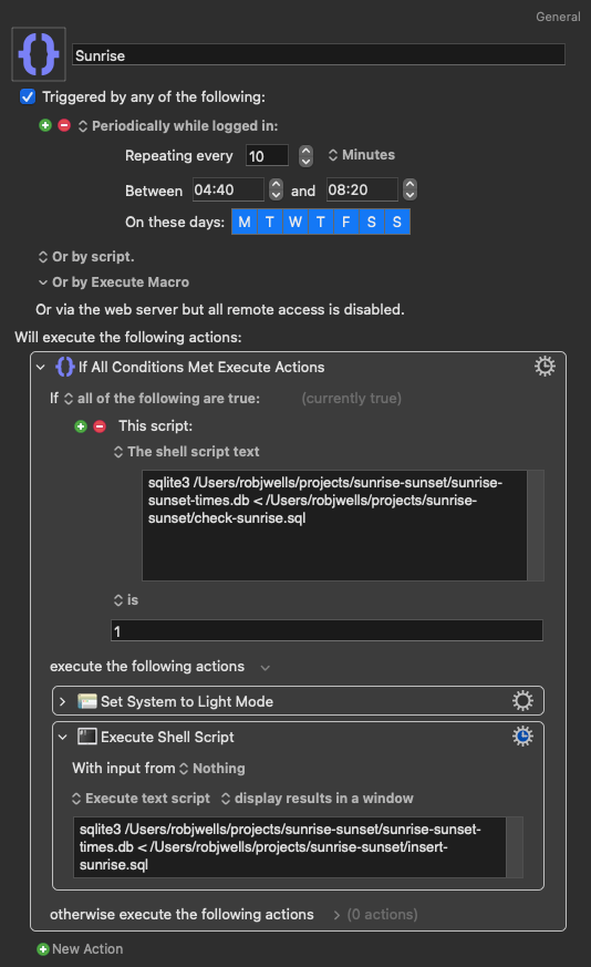 A screenshot of the sunrise macro in Keyboard Maestro