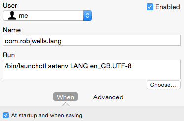 Lingon set to run launchctl at startup with the arguments &lsquo;setenv LANG en_GB.UTF-8&rsquo;