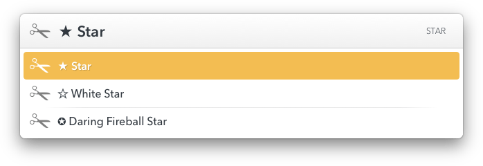 A search for ‘star’ in LaunchBar’s snippets.