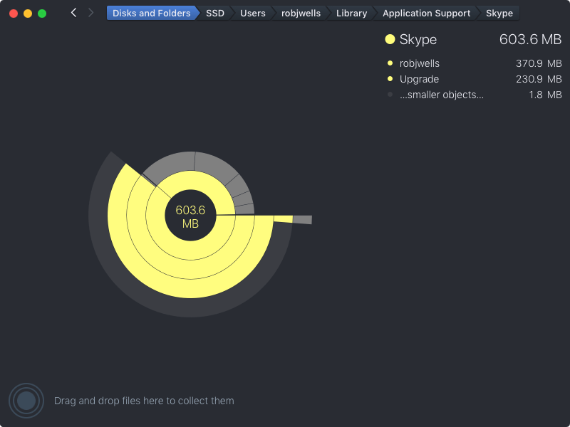 A screenshot of Daisy Disk showing Skype’s Application Support folder taking up 603.6MB