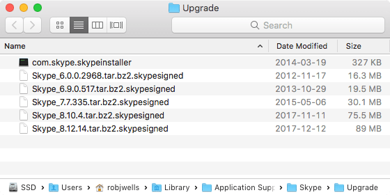 A screenshot showing Skype’s Upgrade folder, containing five previous versions, with the oldest dating back five years.