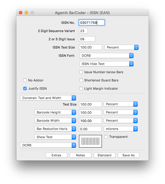 A screenshot of the interface of Agamik BarCoder, a good barcode-producing application