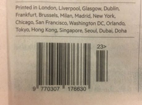 A photo of the barcode on the Financial Times newspaper.
