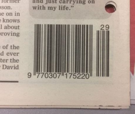 A photograph of a older style of Morning Star barcode, showing page elements in close proximity.