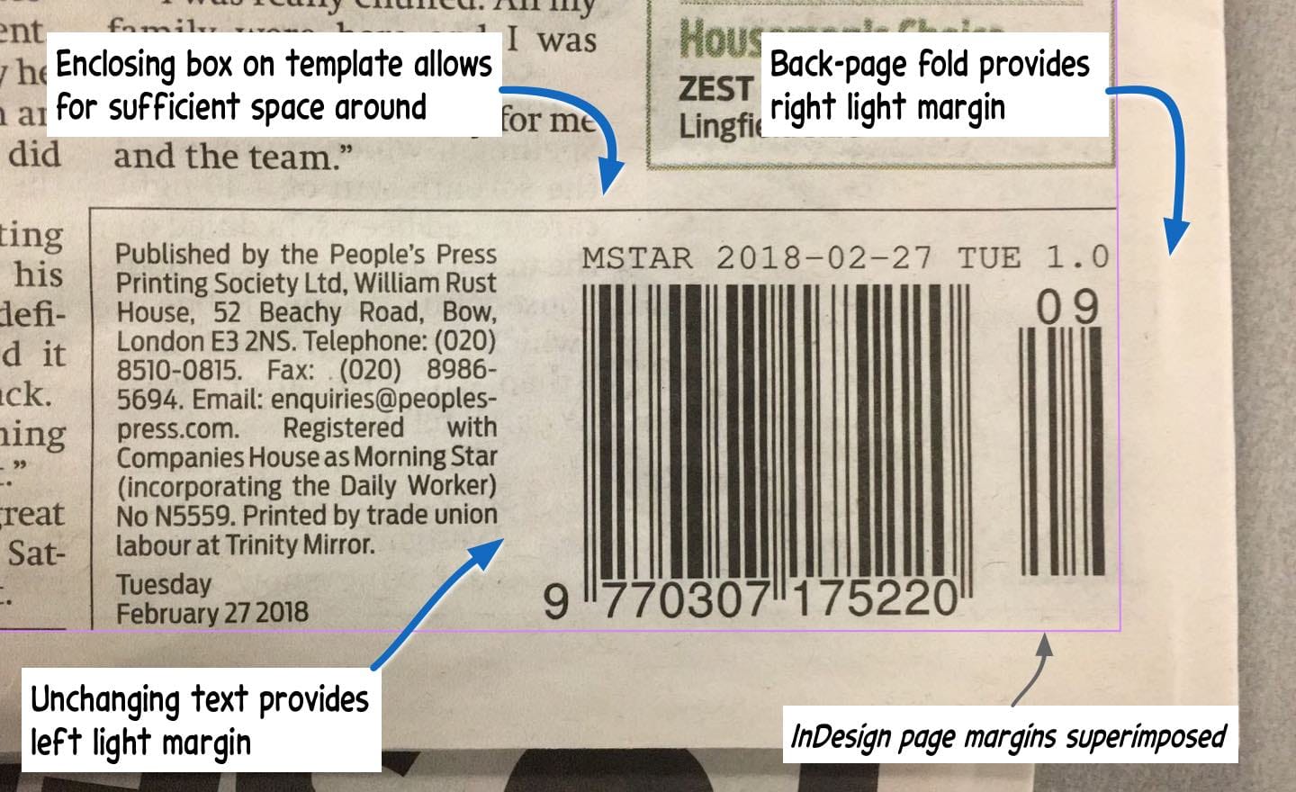 An annotated photo of the barcode on a printed copy of the Morning Star, noting the space reserved around the barcode.
