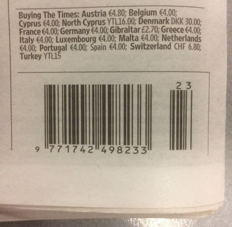 A photo of the barcode on The Times newspaper.